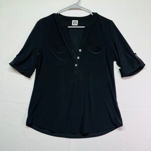 Anne Klein Black Roll Tab Short Sleeve V-neck Easy Care Top Capsule Women's S